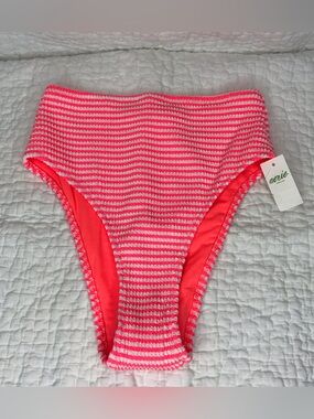 aerie High Cut Cheeky Bikini Bottom in Pink and White Stripe Sz XS NWT